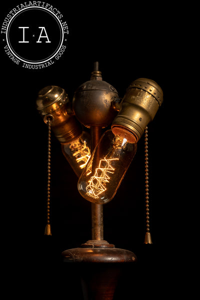 Antique Wooden Table Lamp with Brass Double Socket
