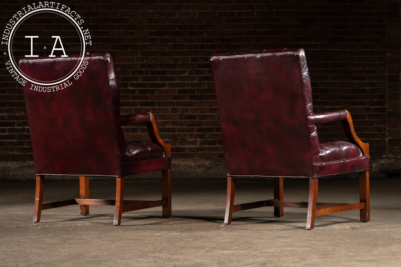 Pair of Tufted Leather Square-Back Dining Chairs in Oxblood