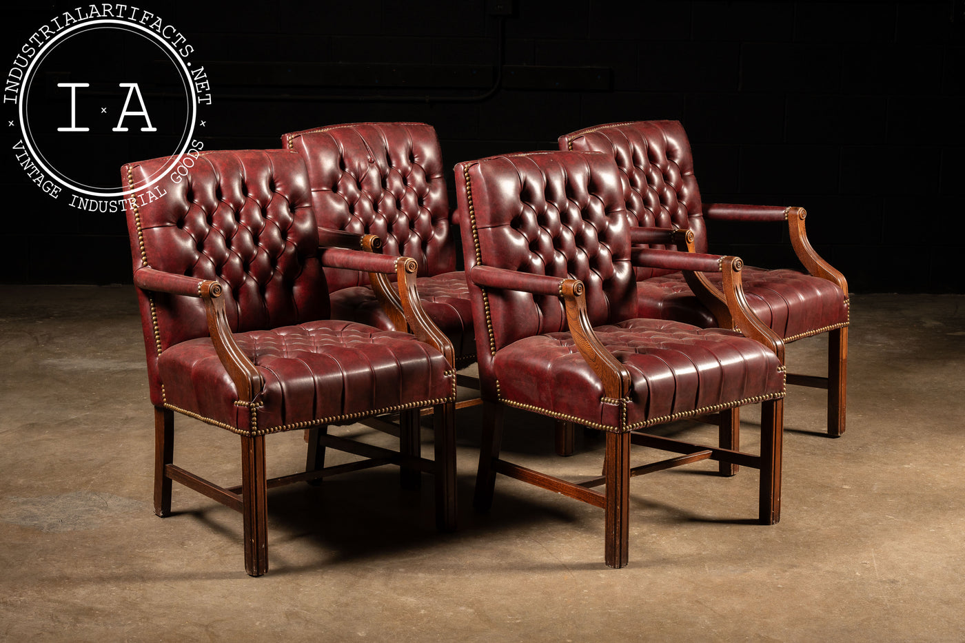 Set of Four Vintage Tufted Armchairs in Burgundy