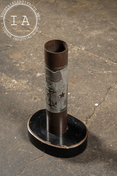 WWI-Era Engraved Trench Art Shell Casing Vase on Base
