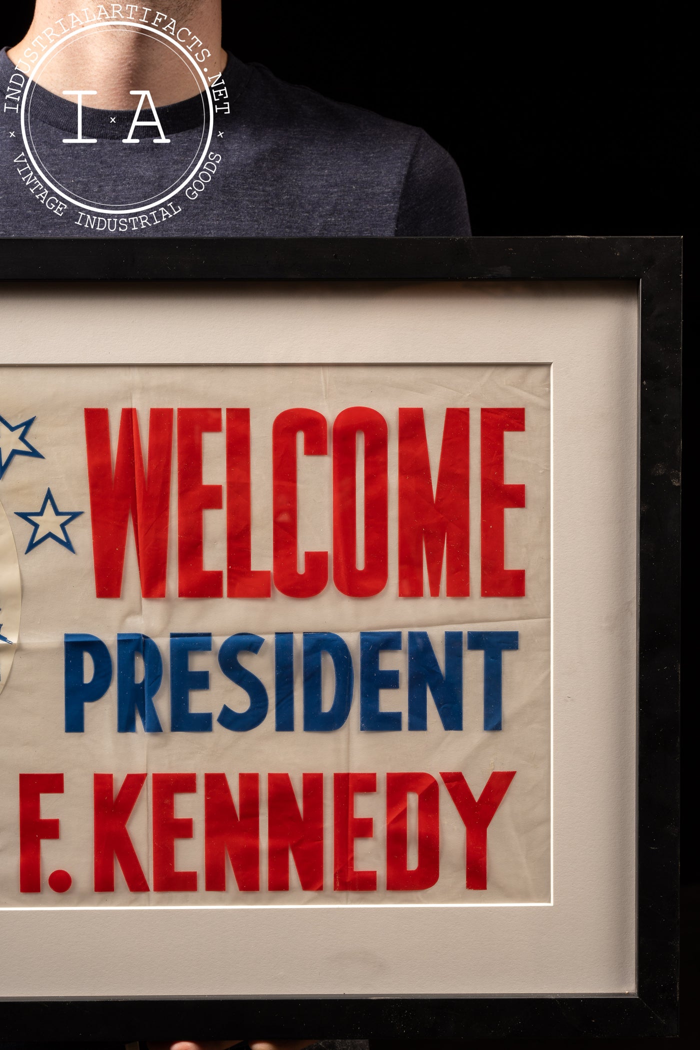 Vintage Framed JFK Campaign Vinyl Window Sign