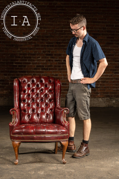 Vintage Tufted Leather Wingback Chesterfield Armchair in Oxblood