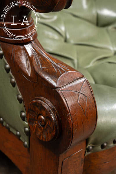 Antique Tufted Leather Lounge Armchair with Carved Dog Accents in Green