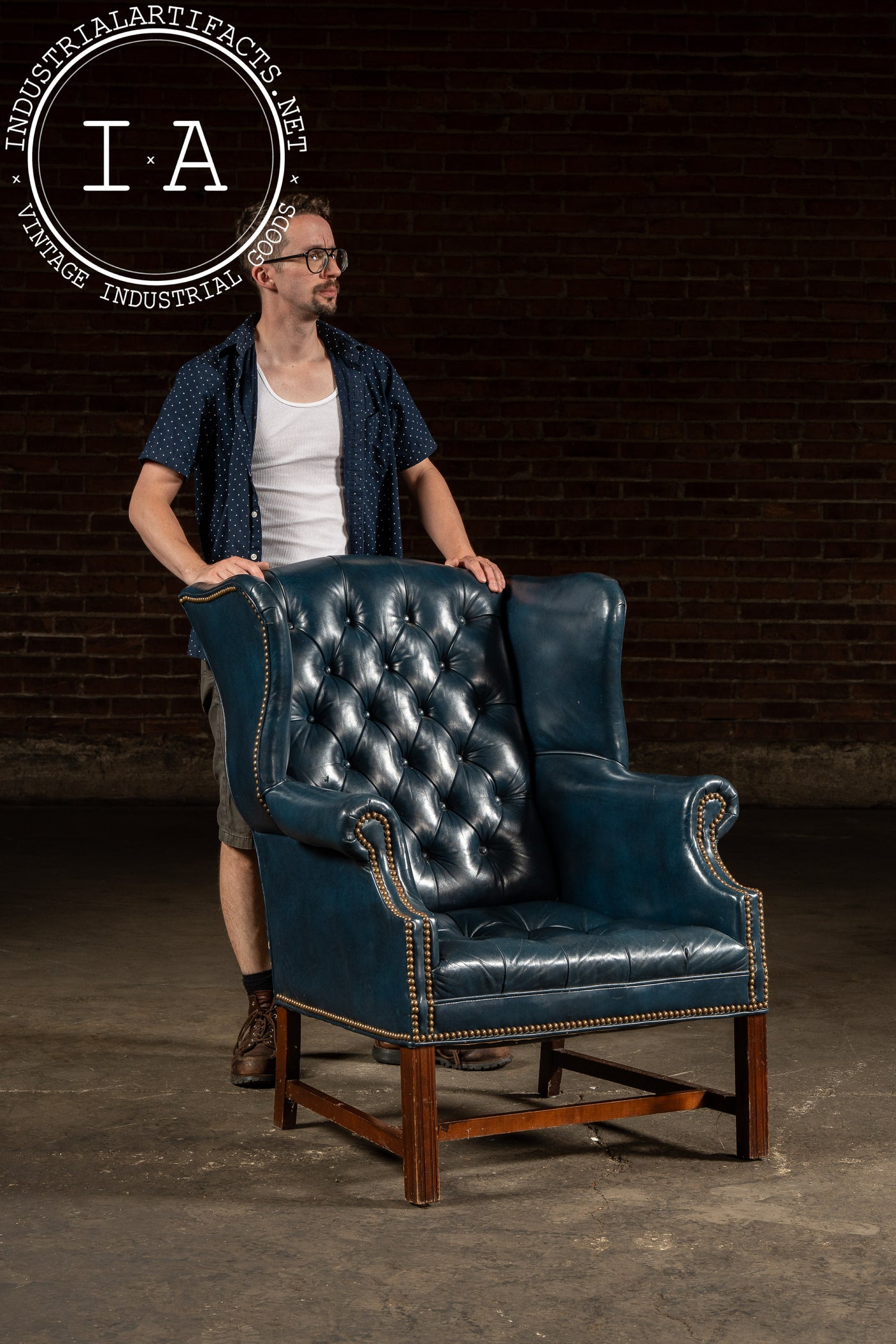 Vintage Tufted Leather Chesterfield Wingback Armchair in Blue