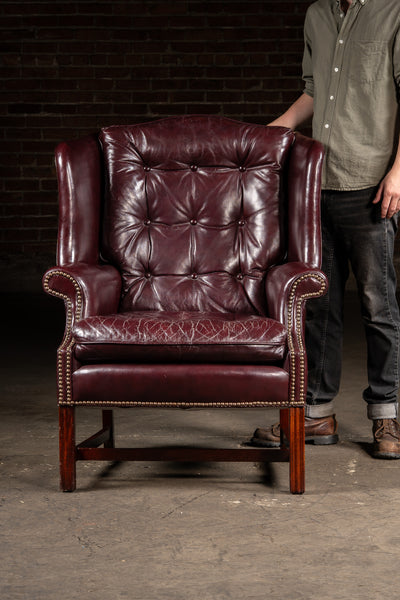 Tufted Leather Wingback Chesterfield Armchair with Ottoman in Oxblood