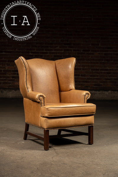 Vintage Leather Wingback Armchair With Ottoman in Tan