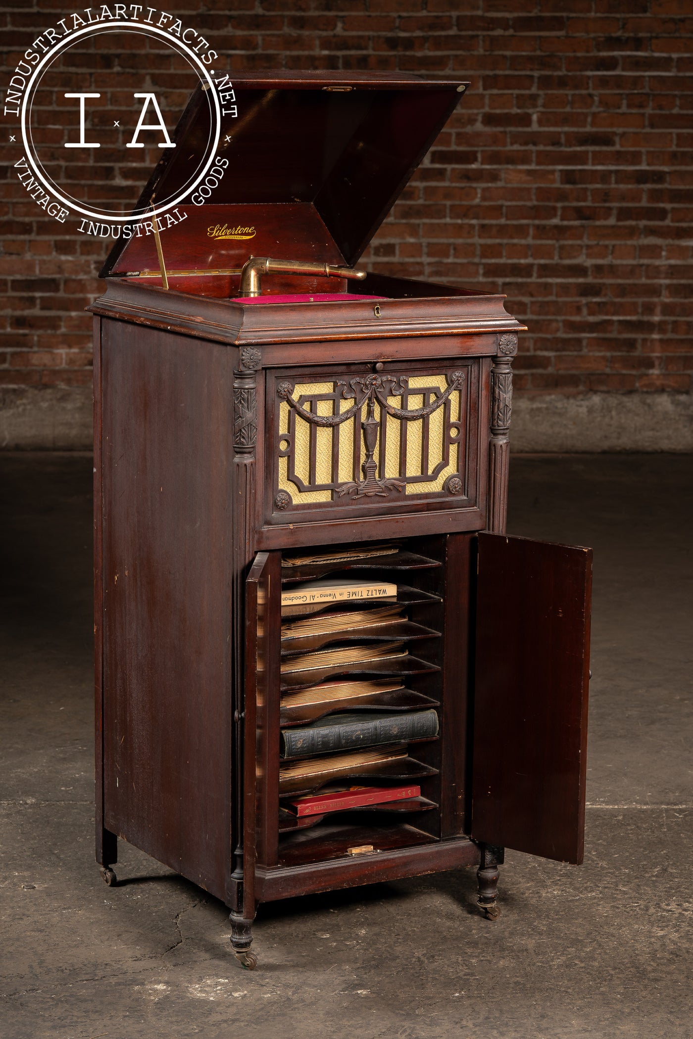 Antique Silvertone Floor Phonograph Cabinet with Records