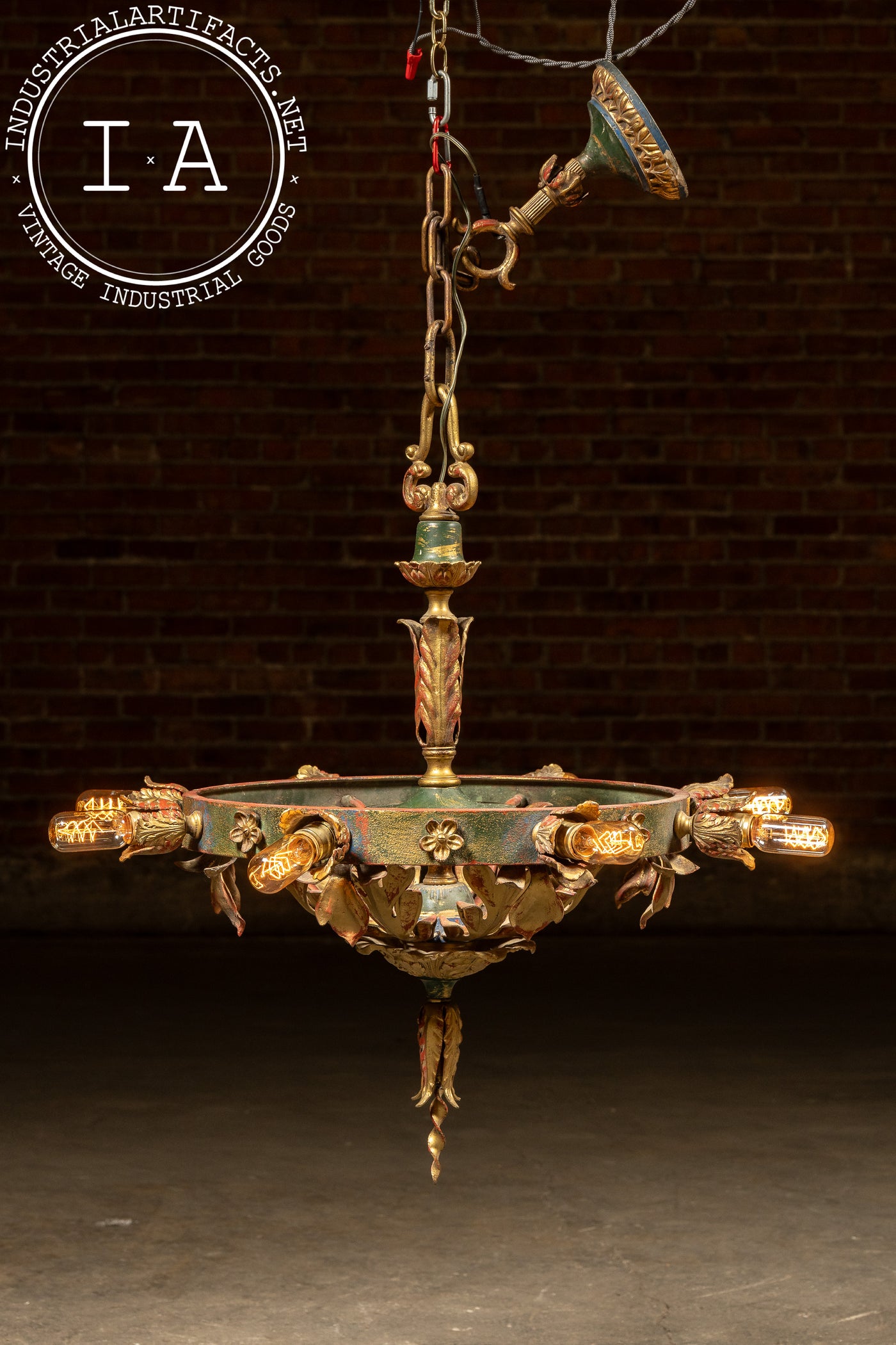 Mediterranean Revival Wrought Iron and Tole Circular Chandelier