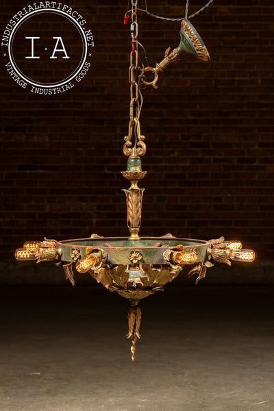 Mediterranean Revival Wrought Iron and Tole Circular Chandelier