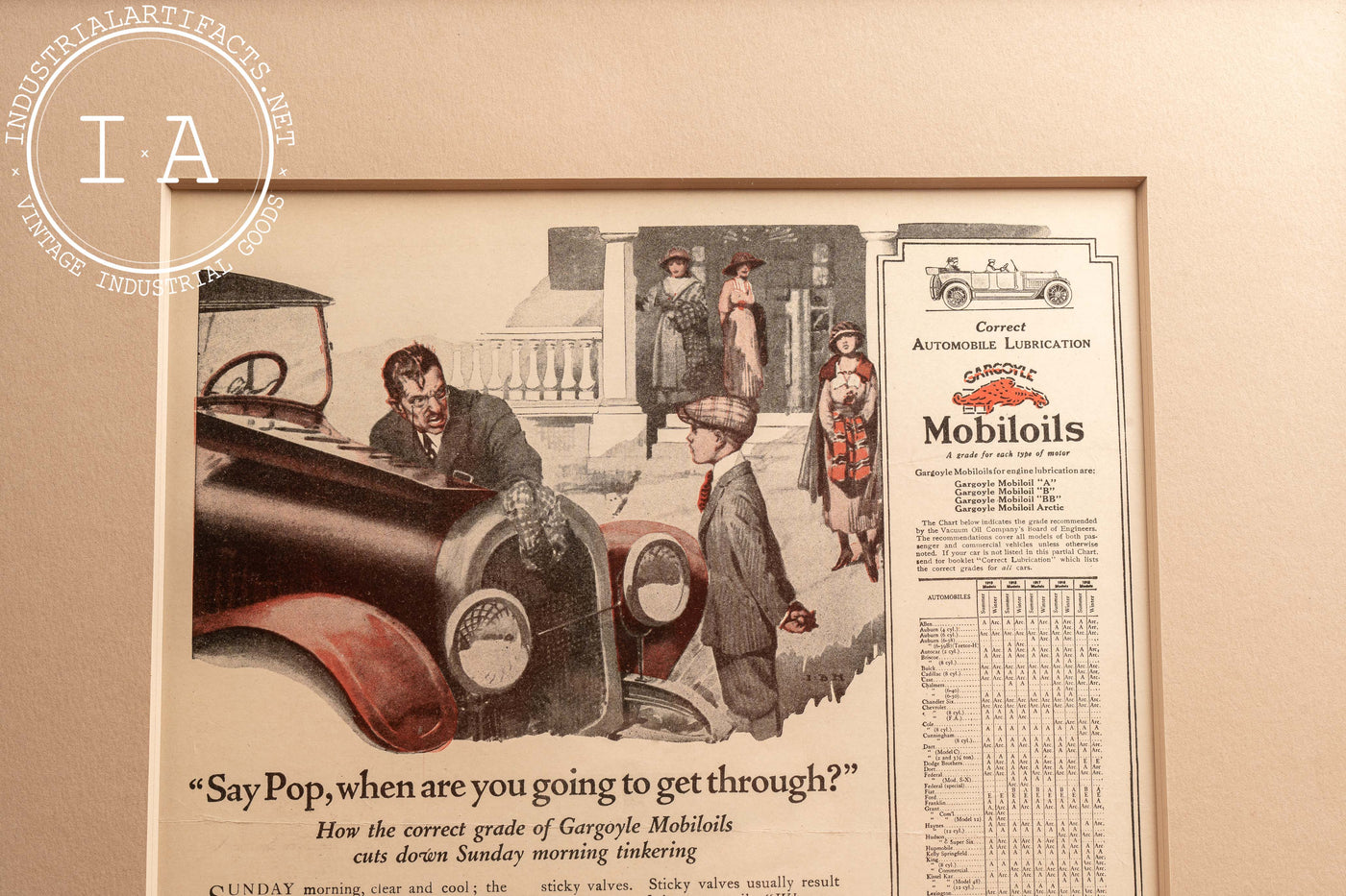 c. 1925 Framed Vacuum Oil Co Gargoyle Mobiloils Ad