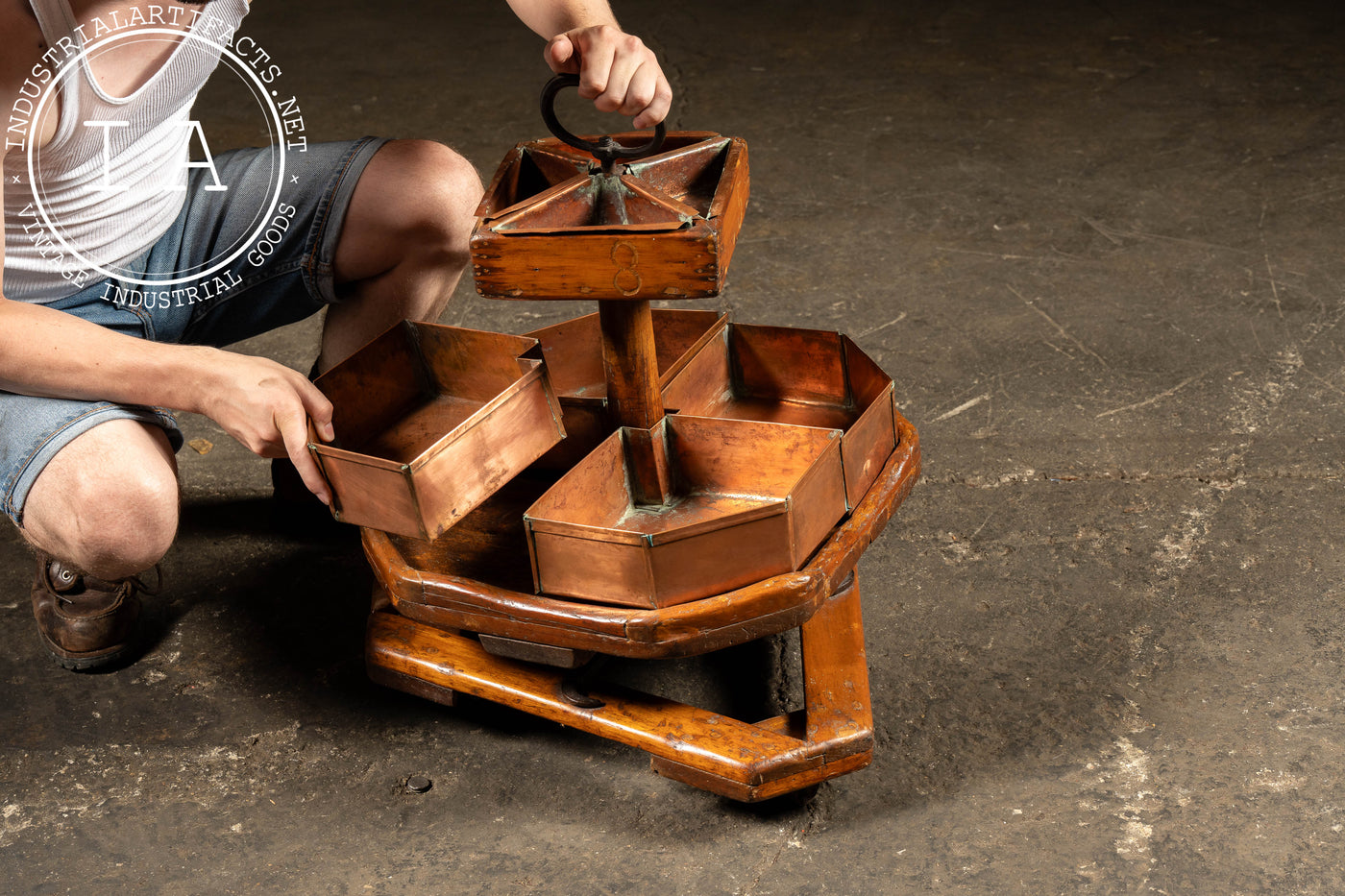 Early 20th Century Copper & Wood Rotating Cobbler’s Parts Bin