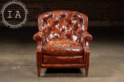 Vintage Tufted Leather Chesterfield Armchair and Ottoman by Hickory Chair