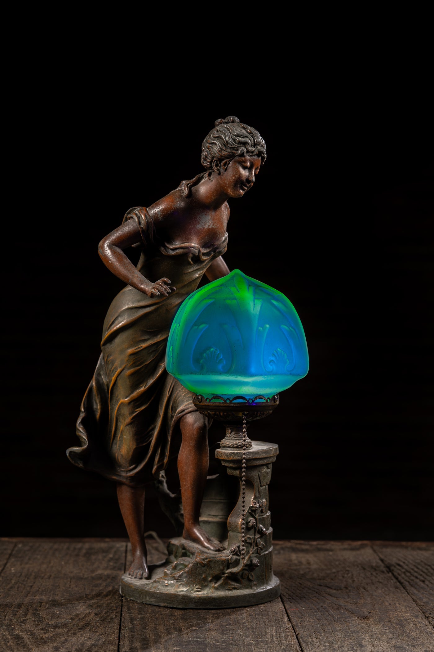Art Nouveau Figural Lamp with Uranium Glass Shade by Anglade