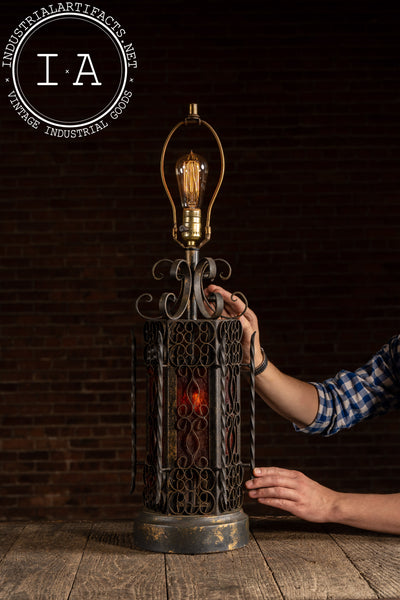 Vintage Spanish Revival Wrought Iron Table Lamp with Mica Shade Panels