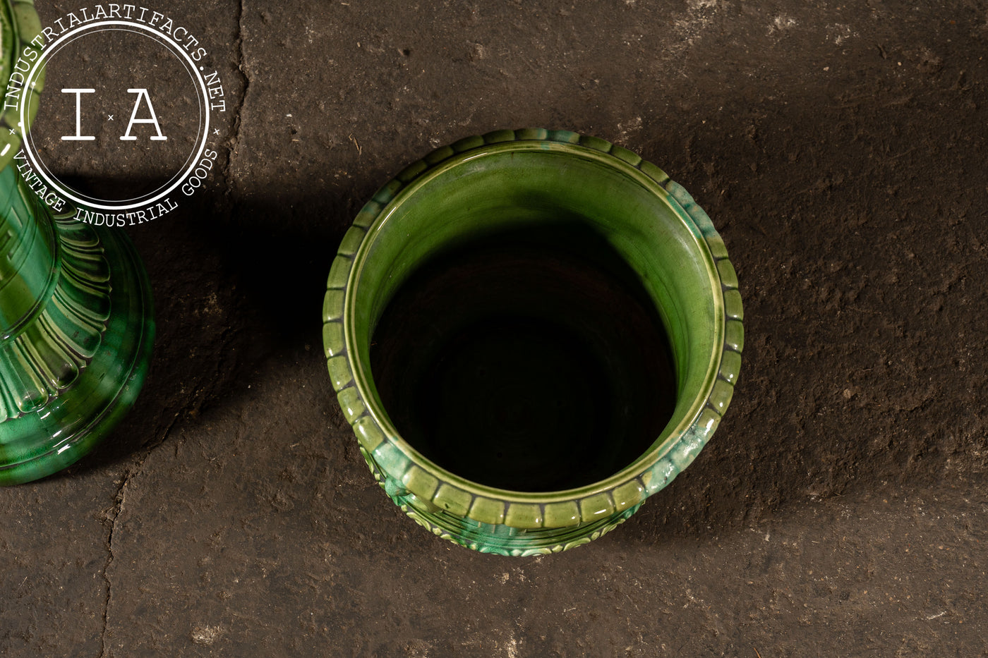 Early 20th Century Brush McCoy “Green Onyx” Majolica Pedestal & Planter Set