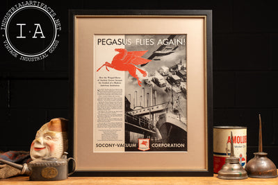 c. 1930 Framed Socony Vacuum Pegasus Flies Again Ad