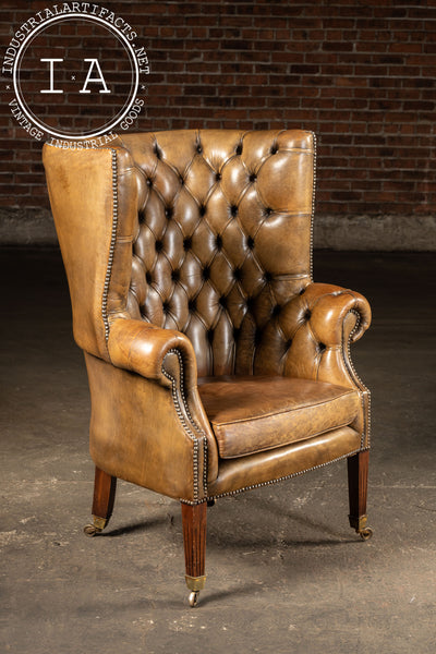 Mid-Century Leather High-Wingback Rolling Armchair In Brown