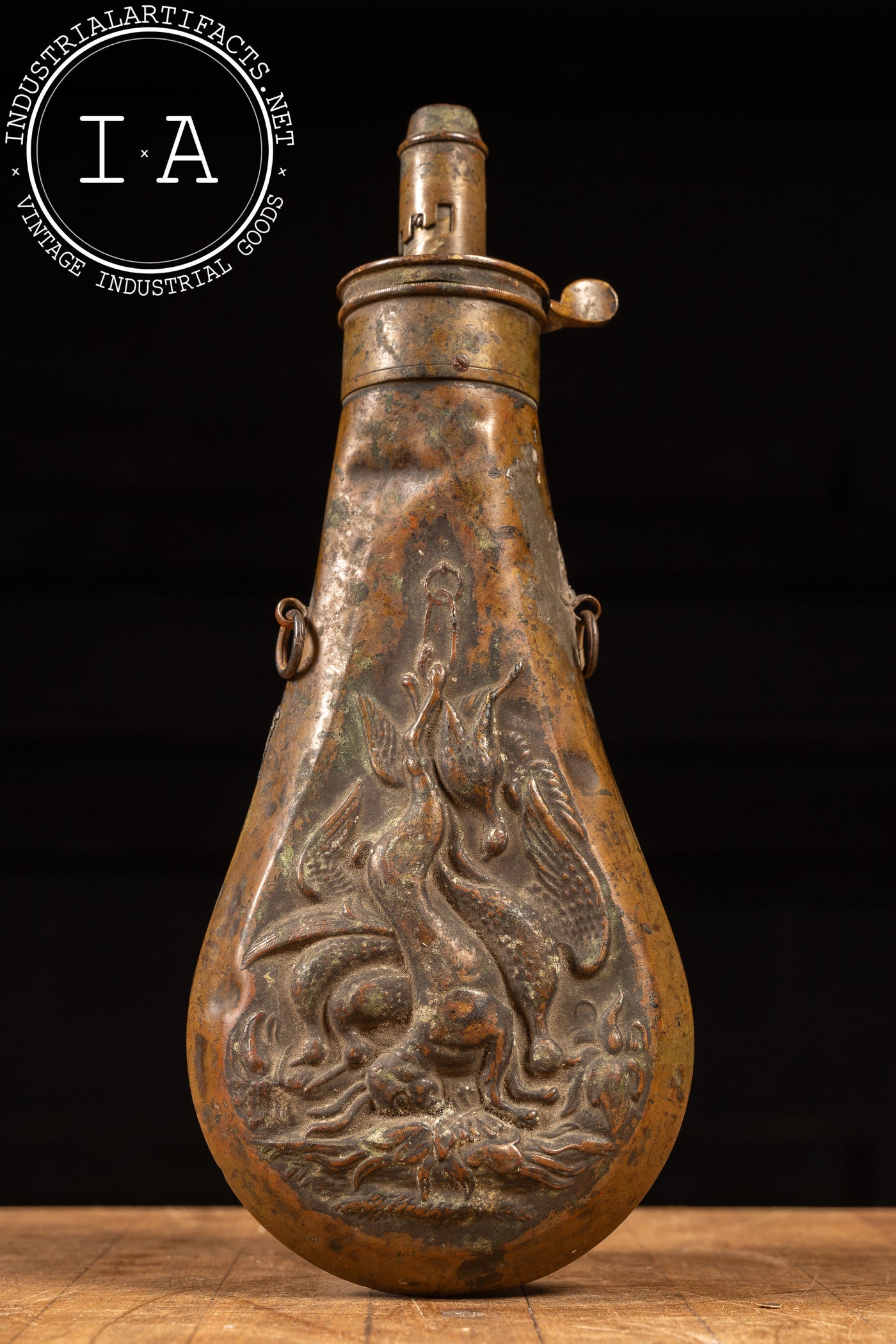 Civil War-Era Embossed Copper Gunpowder Flask