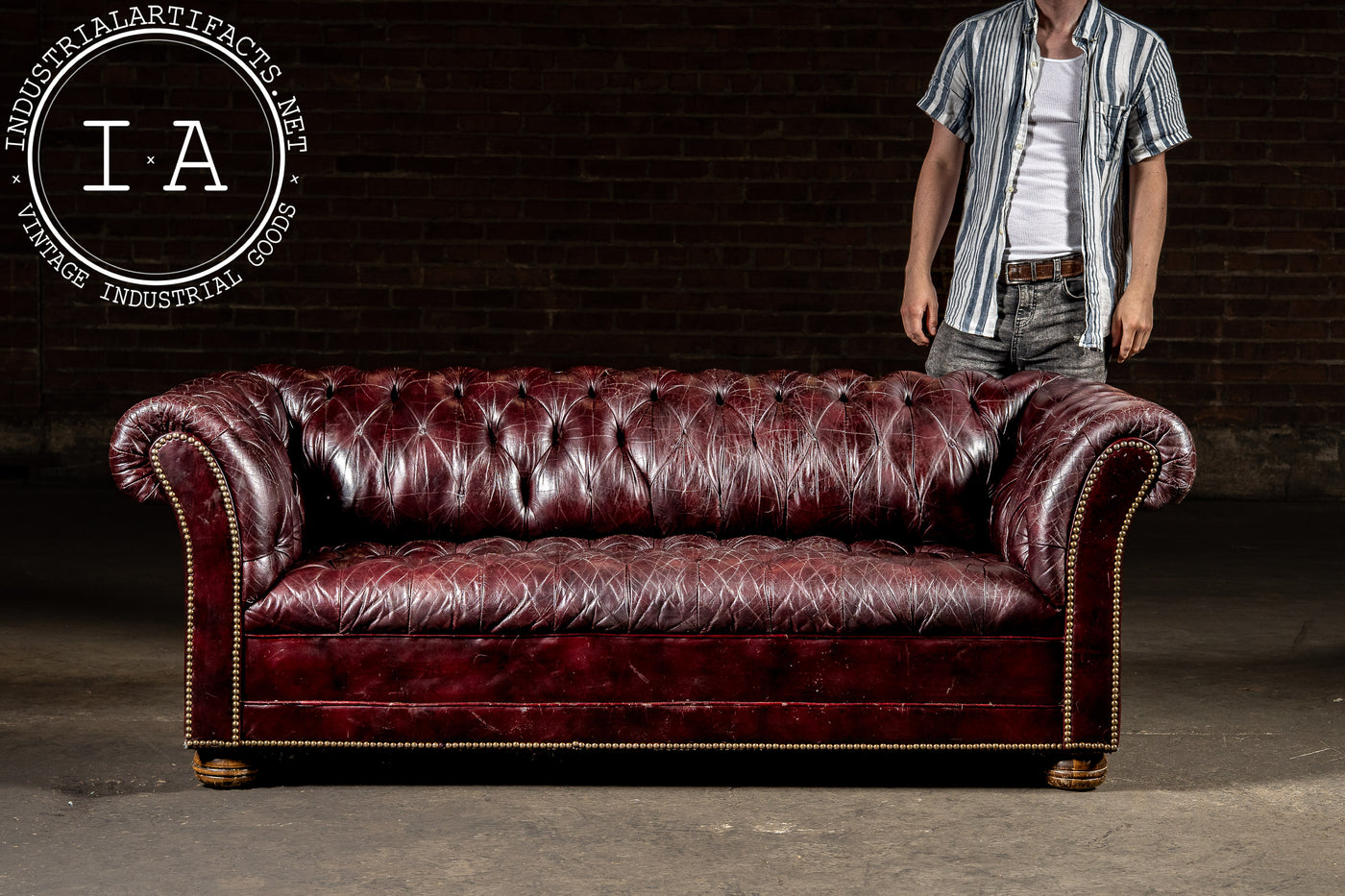 Deep Oxblood Leather Chesterfield Sofa with Nailhead Trim