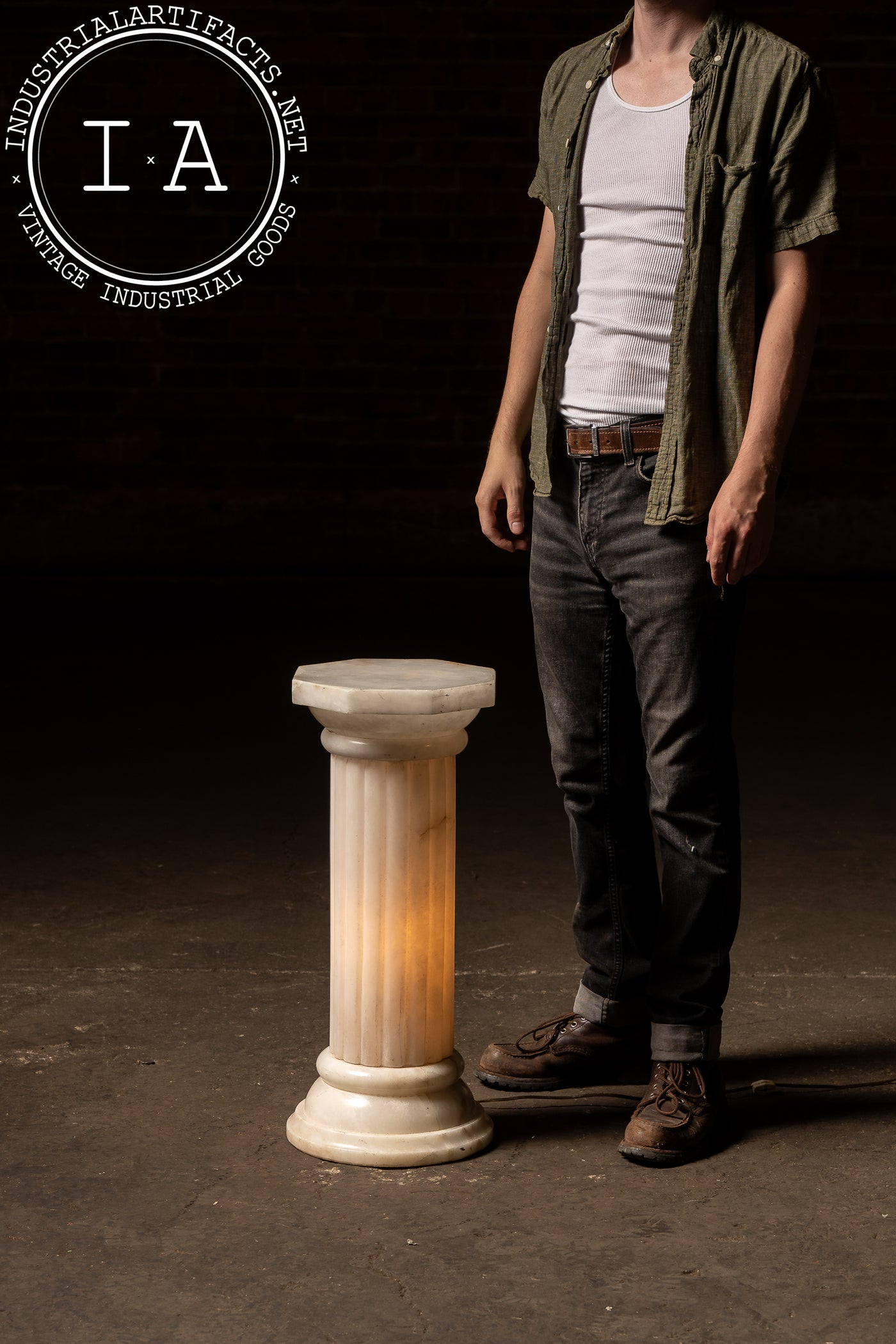 Illuminated Alabaster Doric Column Pedestal Lamp