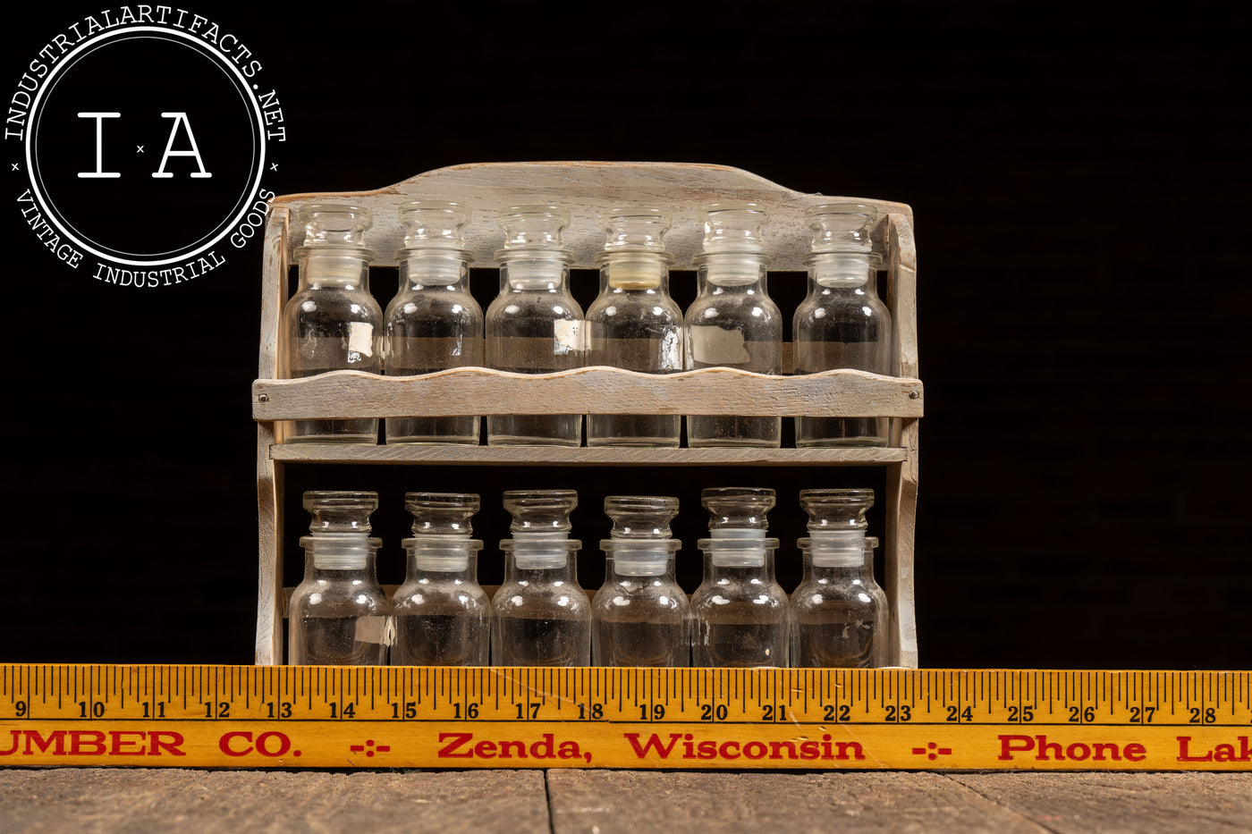 Early Apothecary Bottle Rack with Twelve Glass Stoppered Vials