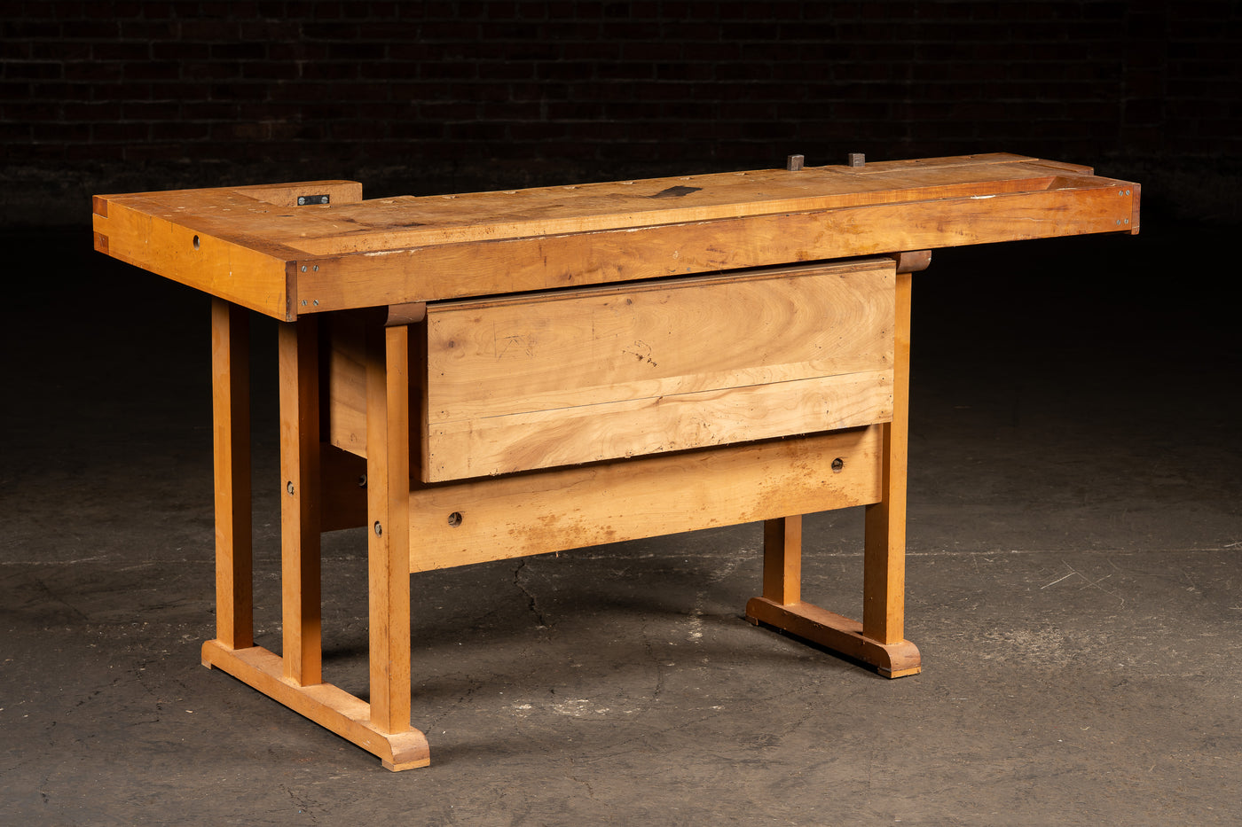 Mid-Century Maple Woodworking Bench with Dual Vises and Cabinet Storage