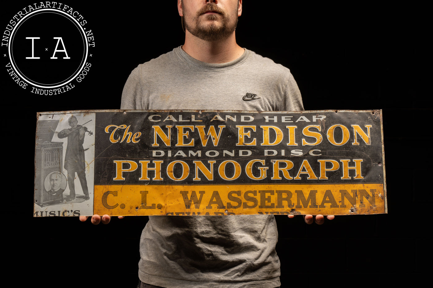 Early 20th Century Tin Litho Edison Phonograph Cut Sign