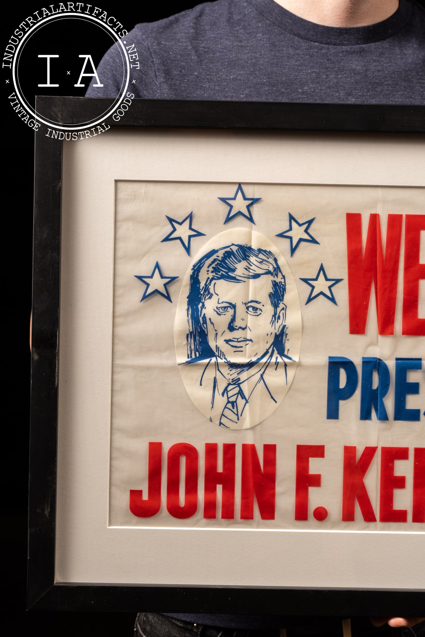 Vintage Framed JFK Campaign Vinyl Window Sign