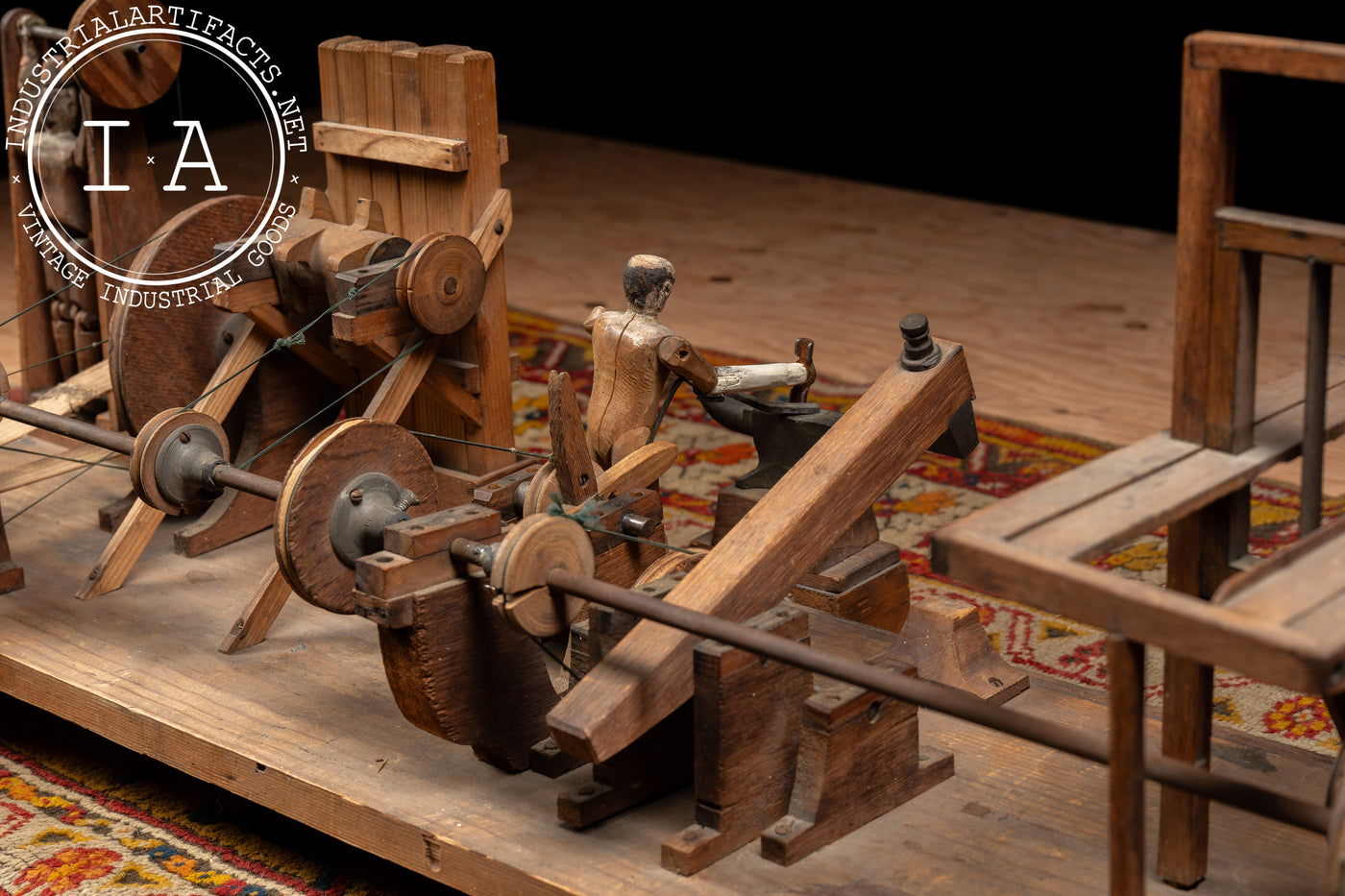 Antique Hand-Crank Mechanical Wooden Folk Art Blacksmith Model