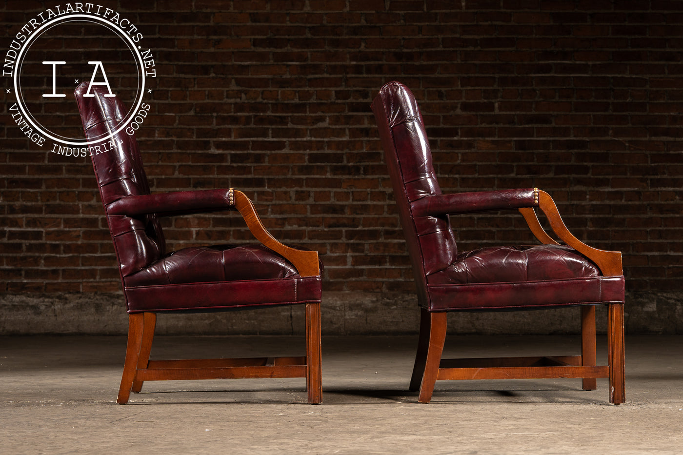 Pair of Tufted Leather Square-Back Dining Chairs in Oxblood