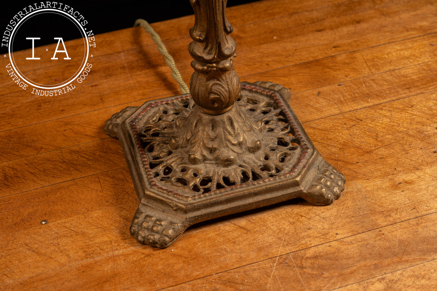 Antique Curved Slag Glass Spelter Lamp