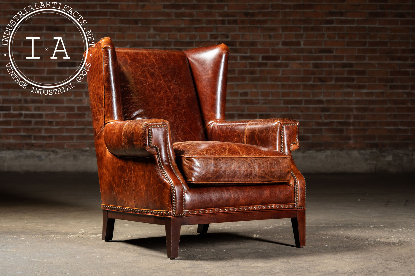 Pair of Wingback Leather Armchairs in Burnt Orange