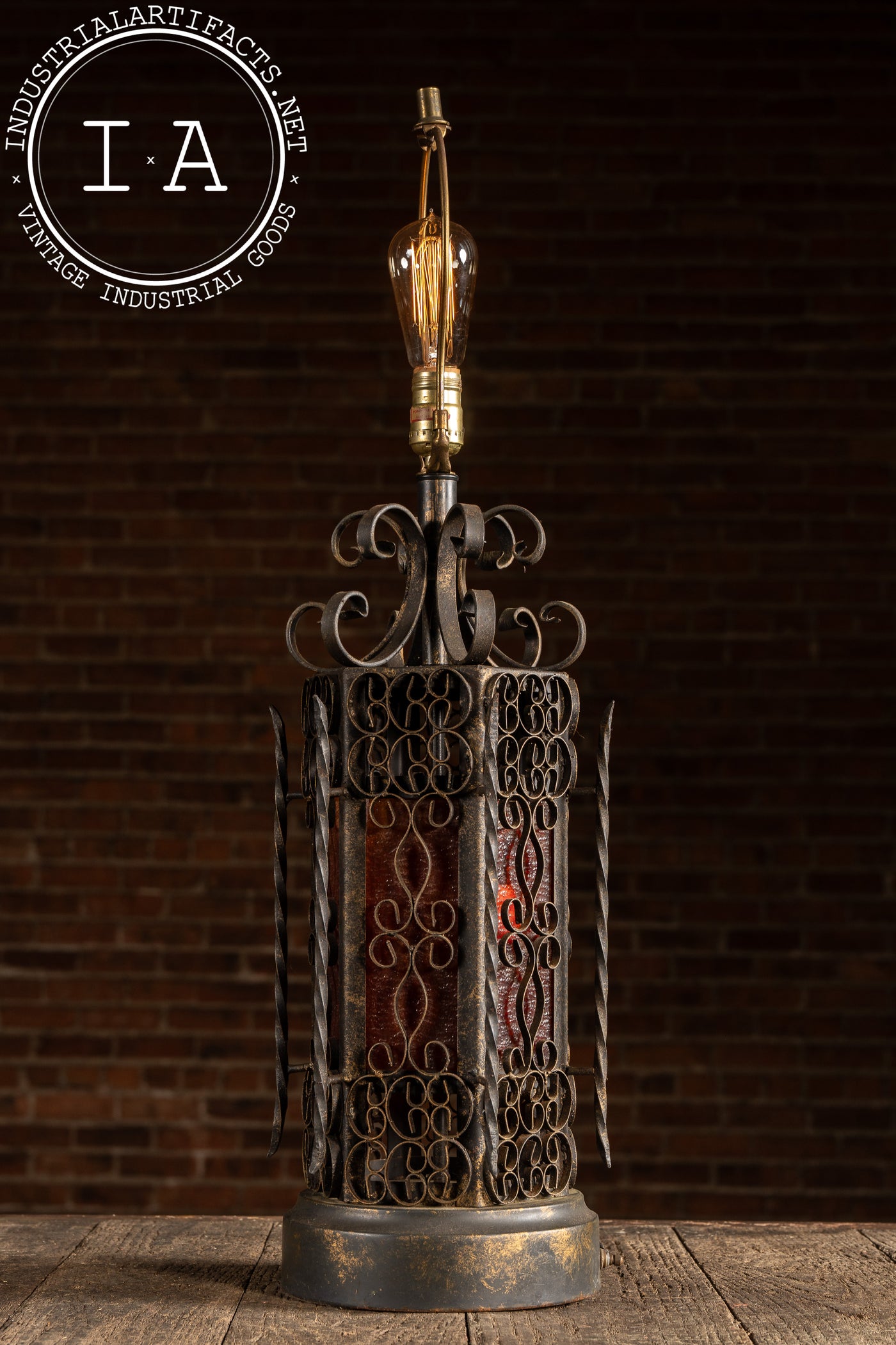 Vintage Spanish Revival Wrought Iron Table Lamp with Mica Shade Panels