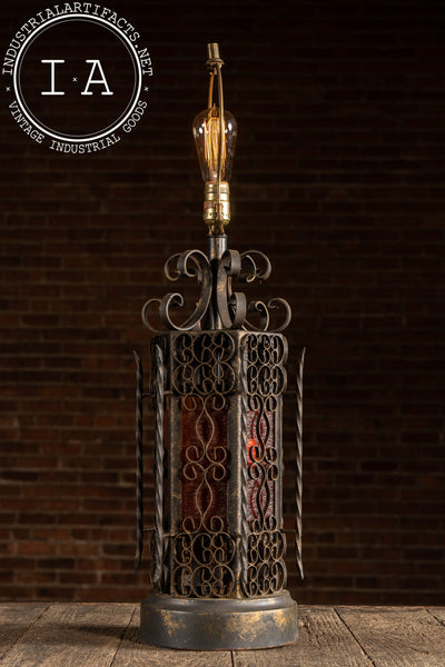 Vintage Spanish Revival Wrought Iron Table Lamp with Mica Shade Panels