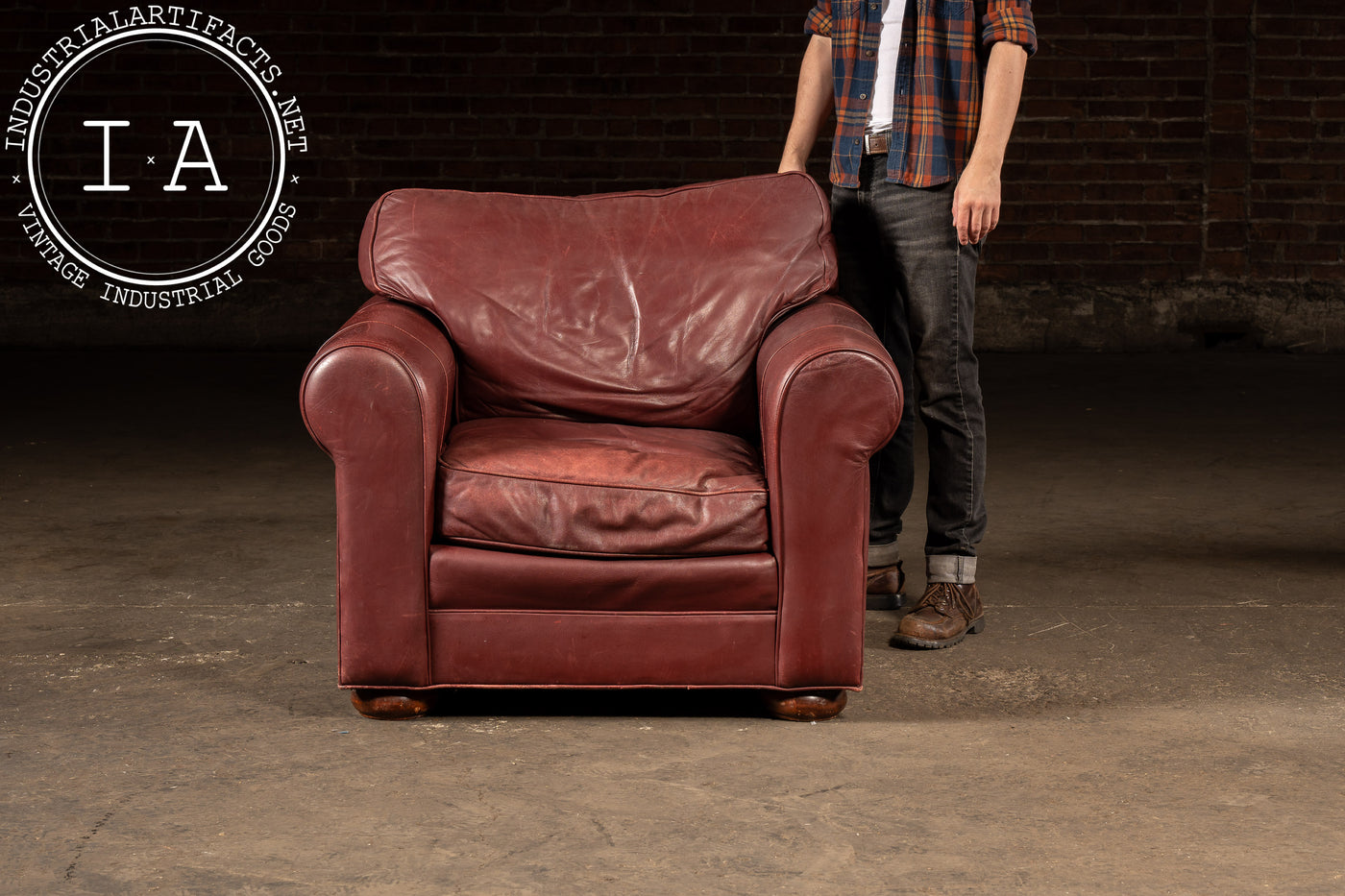 Red Leather Armchair with Ottoman