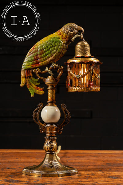 Pair of Antique Art Deco Cold-Painted Brass Parrot Lamps