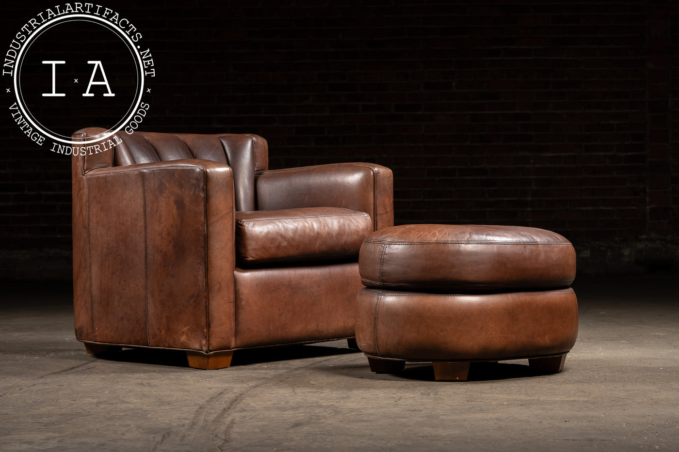 Vintage Leather Clamshell Club Chair and Ottoman Set