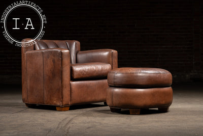 Vintage Leather Clamshell Club Chair and Ottoman Set