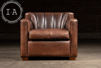 Vintage Leather Clamshell Club Chair and Ottoman Set