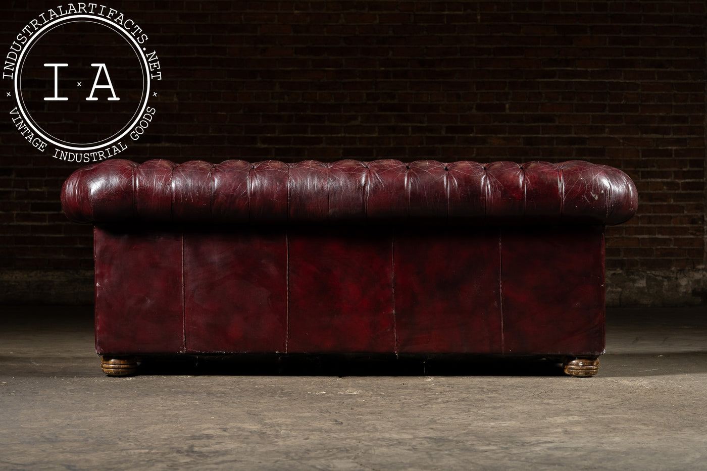 Deep Oxblood Leather Chesterfield Sofa with Nailhead Trim
