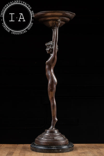 Art Deco Bronzed Spelter Nude Woman Standing Ashtray | Signed