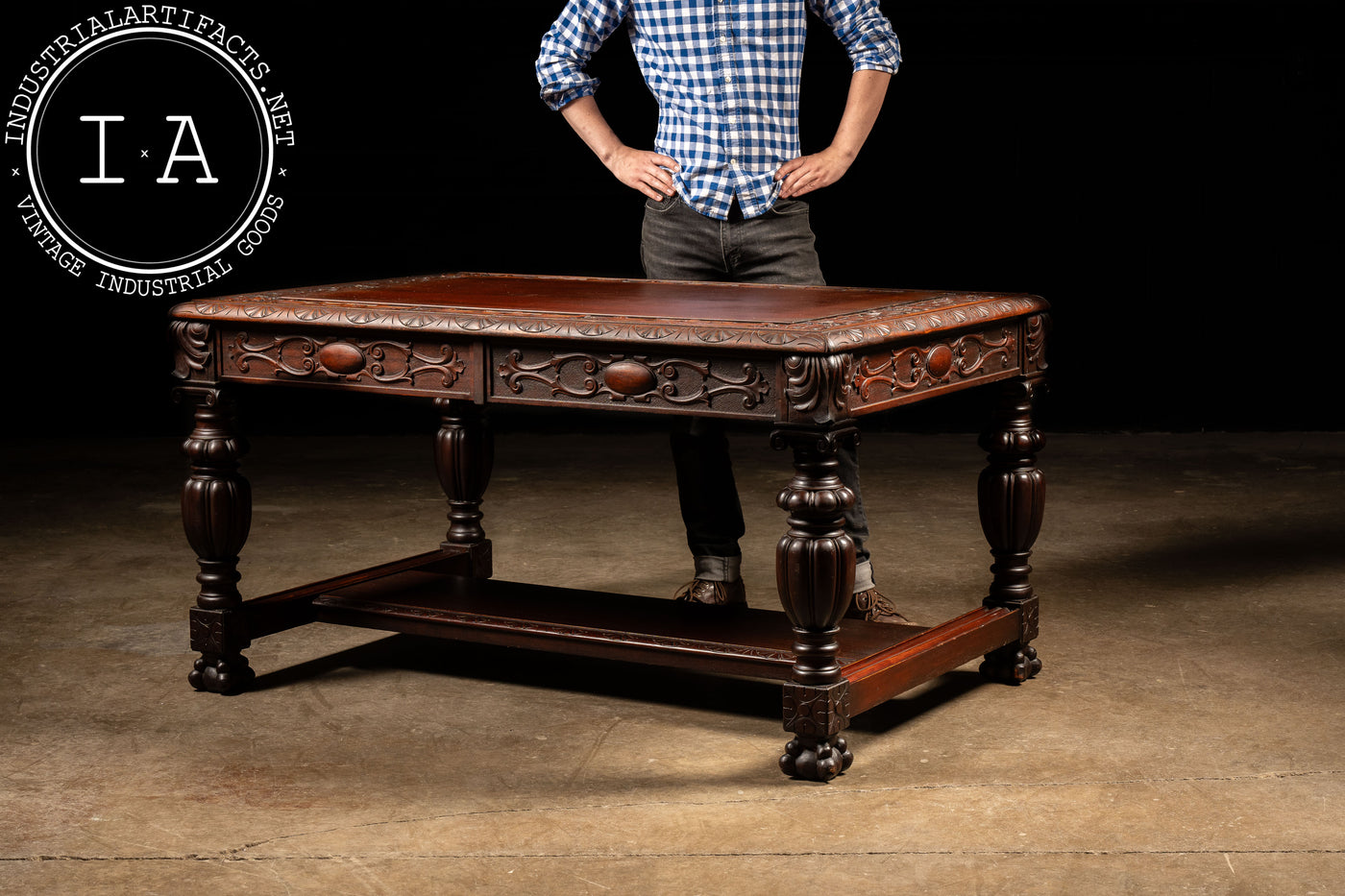 Early 20th Century Carved Mahogany Library Table