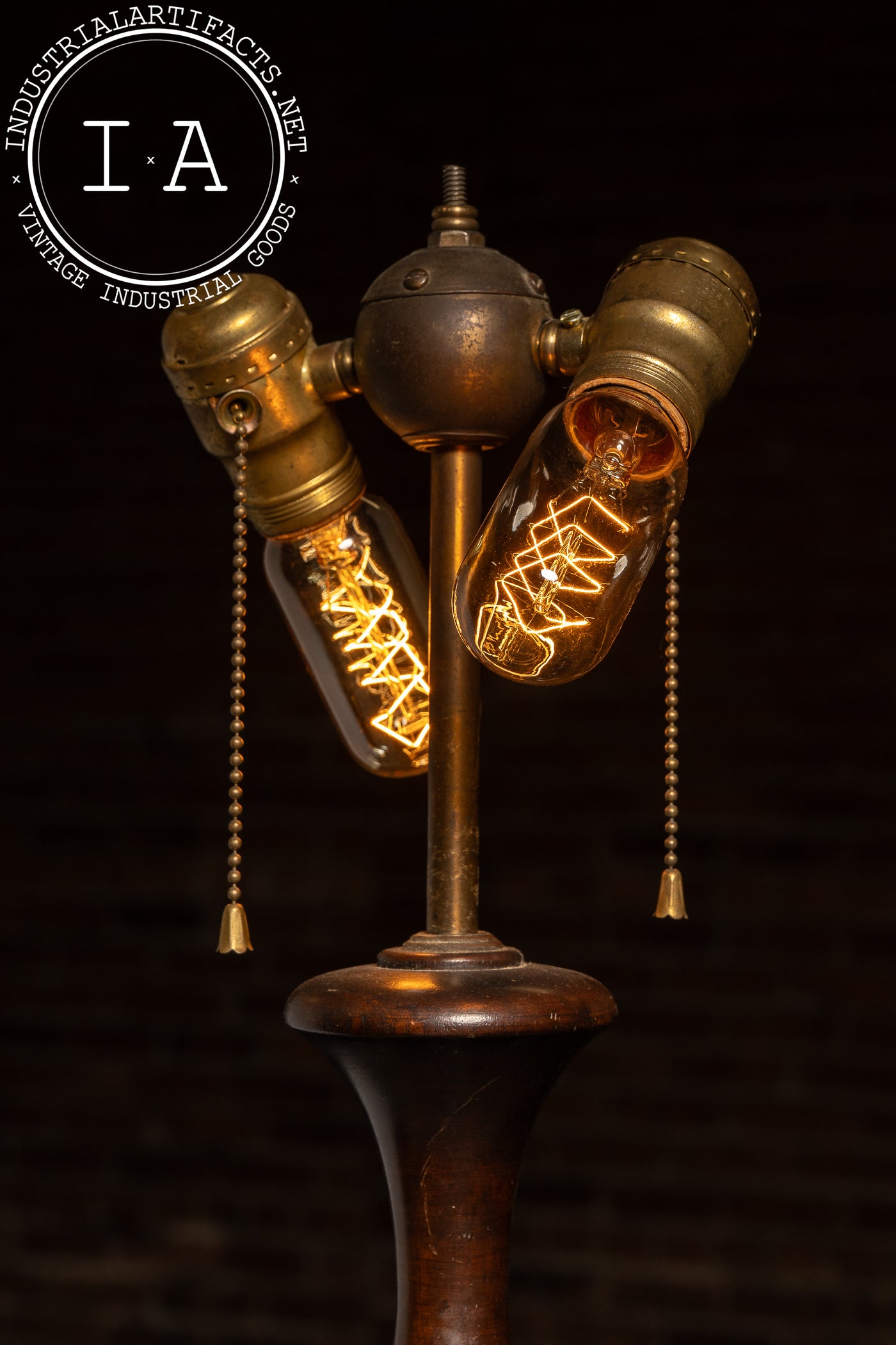 Antique Wooden Table Lamp with Brass Double Socket