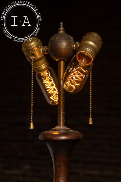 Antique Wooden Table Lamp with Brass Double Socket