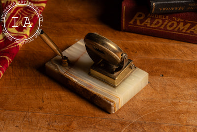 Vintage Art Deco Brass & Onyx Desk Calendar with Pen Holder