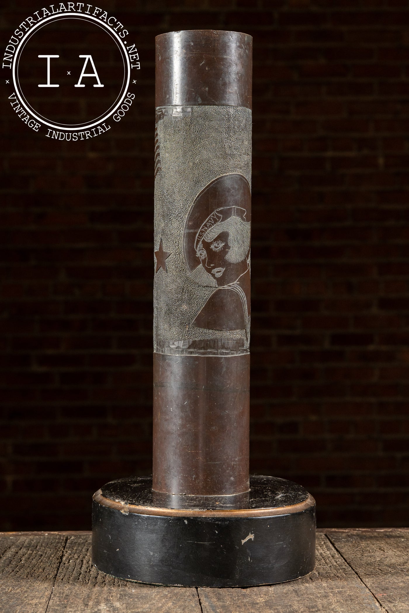WWI-Era Engraved Trench Art Shell Casing Vase on Base