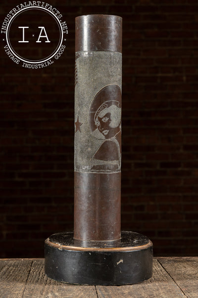 WWI-Era Engraved Trench Art Shell Casing Vase on Base