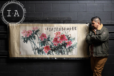 Asian Fabric and Paper Peonies Good Luck Scroll Art