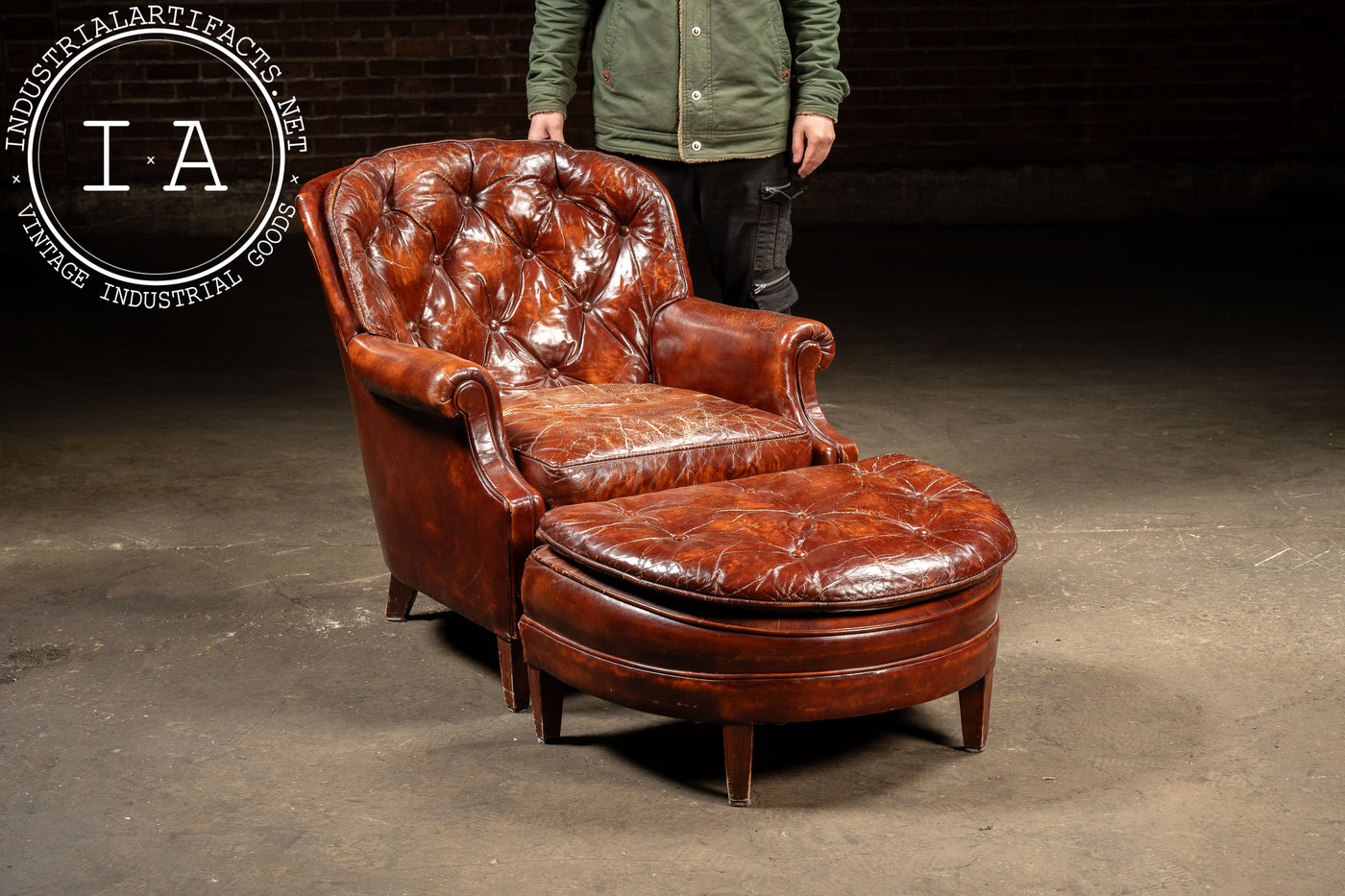 Vintage Tufted Leather Chesterfield Armchair and Ottoman by Hickory Chair