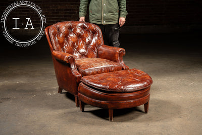 Vintage Tufted Leather Chesterfield Armchair and Ottoman by Hickory Chair